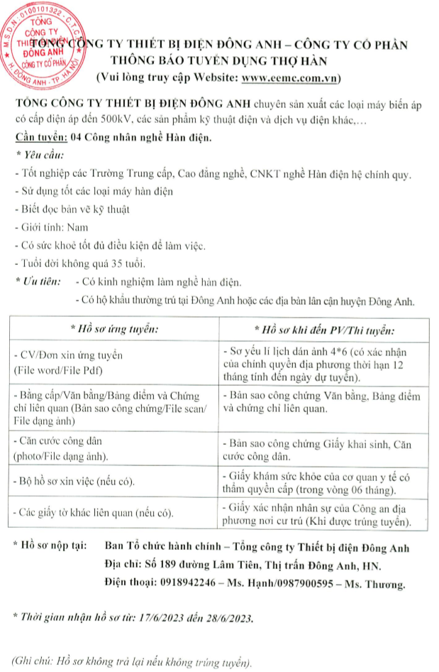 Thông báo tuyển dụng tháng 6/2023